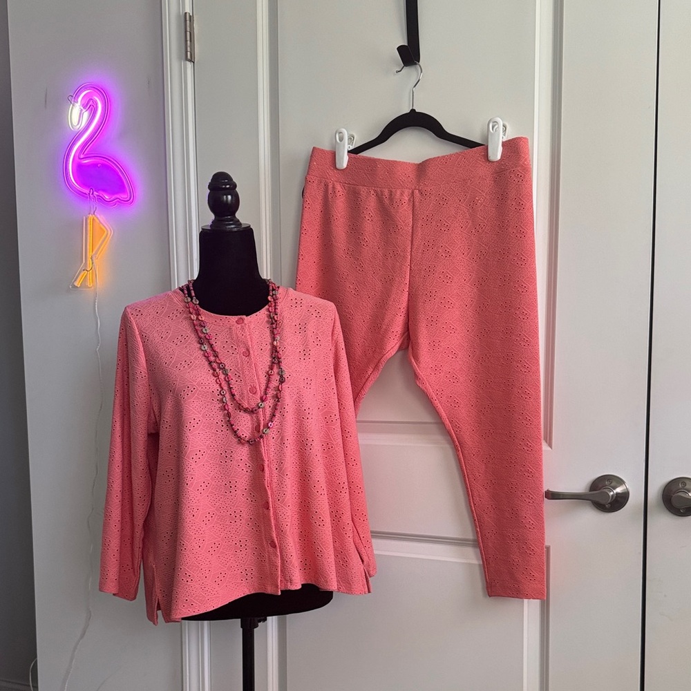 LOGO Eyelet Two-Piece button front cardigan and leggings. NWOT.